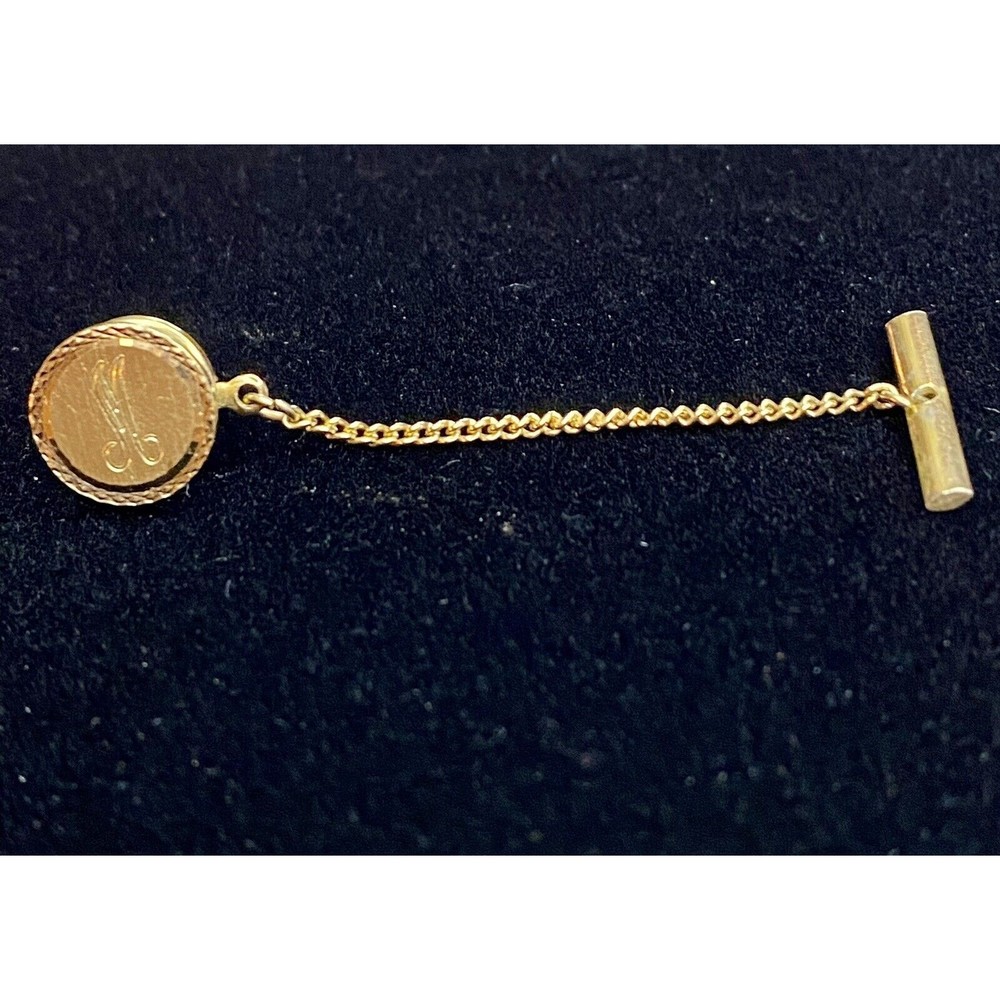 M Engraved Monogram Initial Letter Font Vintage LAMODE Tie Tack Lapel Pin Gold